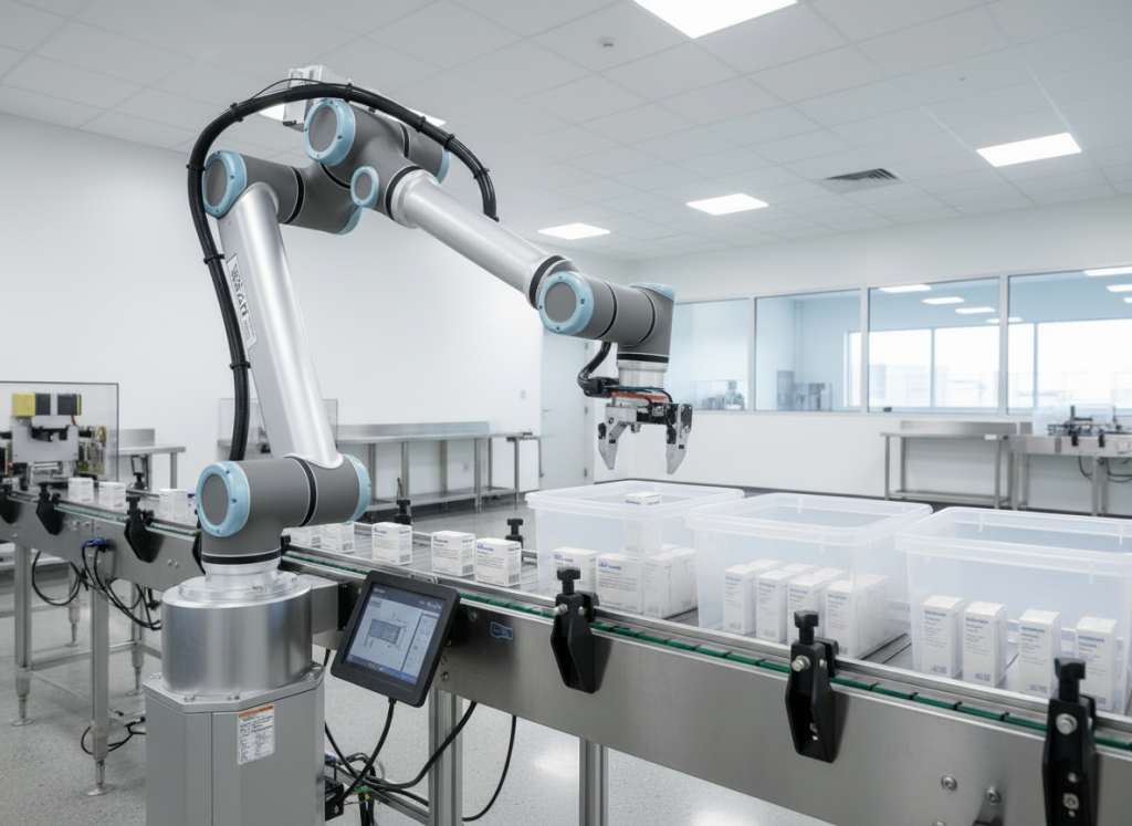 COBOT picking and placing pharmaceutical products in a warehouse