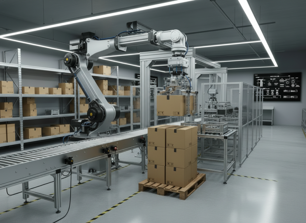 A depalletizer robot unloading a pallet of boxes onto a conveyer belt