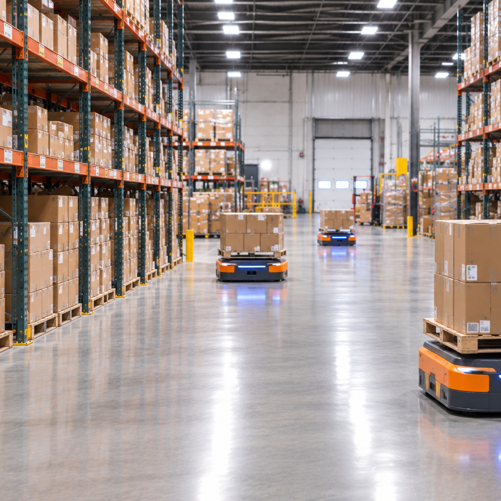 Warehouse & Logistics. Mobile robots in a warehouse with a clean floor and a smooth process for locating boxes and bringing them forward.